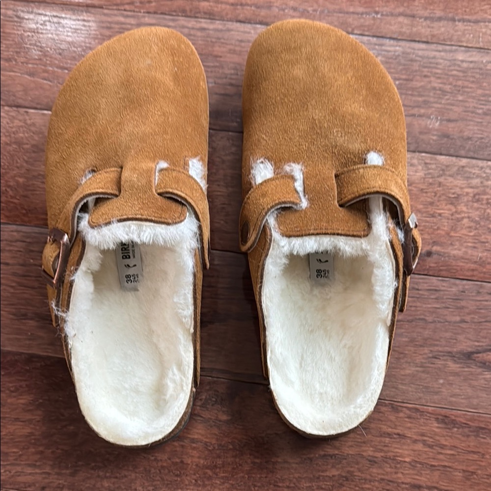 Birkenstock Tan Suede Fleece-lined Slip-Ons. Worn twice; like-new condition.